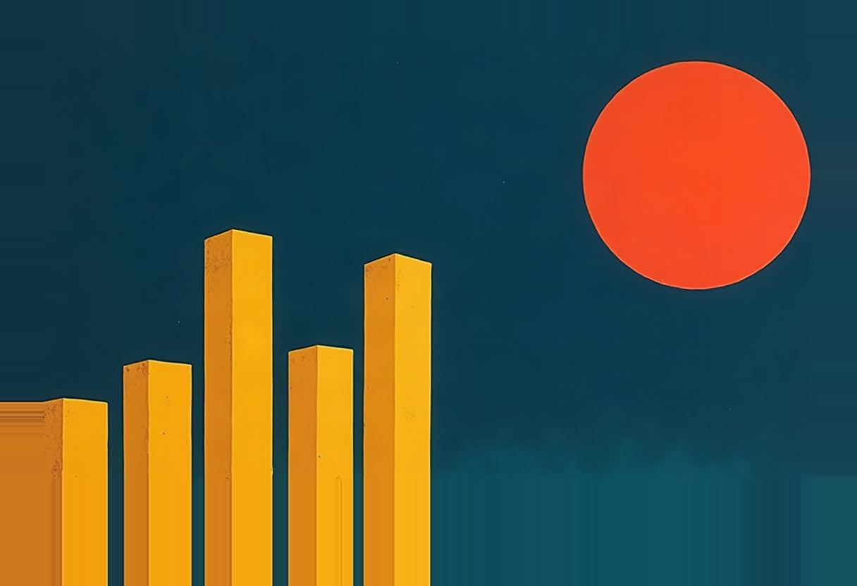 Six tall yellow rectangular bars of varying heights stand against a dark teal background beside a solid orange-red circle in the upper right.
