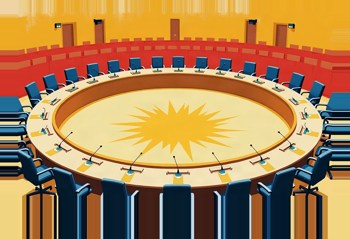 An empty circular council chamber with blue chairs and microphones around a round table bearing a yellow starburst, red tiered seating behind, under yellow light.
