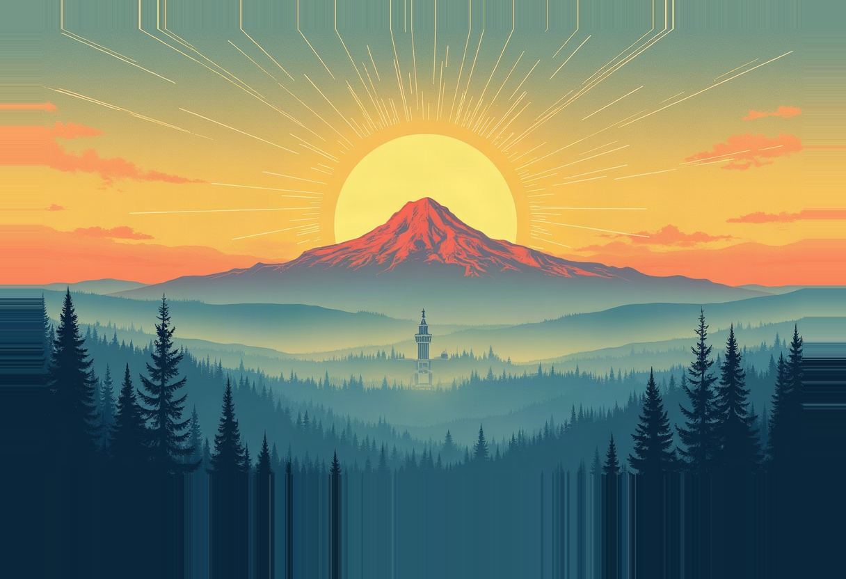 A red-tinted mountain peak silhouetted against a large glowing sun with radiating circuit-like lines, above a misty forest with a thin tower and dark pine trees in the foreground.