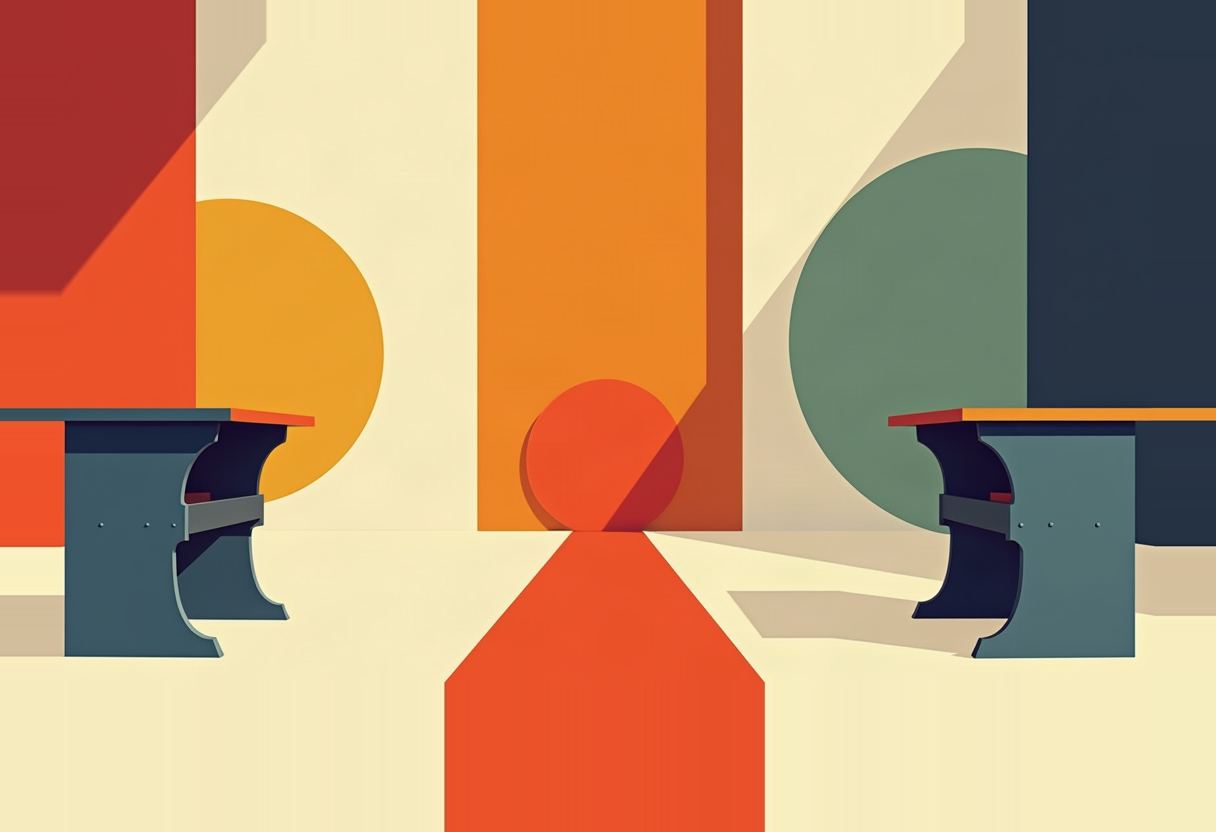 Two empty podiums face each other on a cream floor flanked by large flat-colour geometric shapes in red, orange, yellow, green, and navy, with a red arrow shape between them.