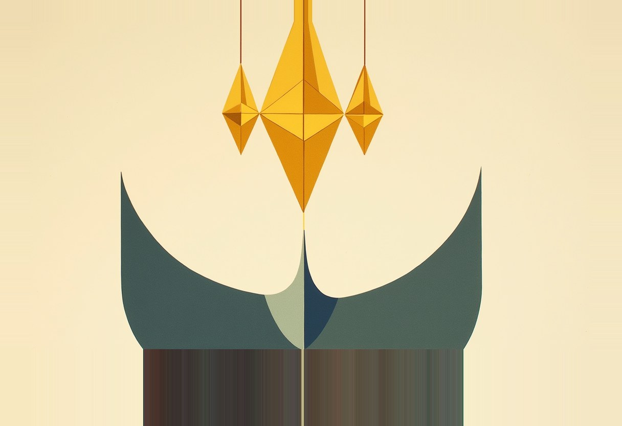Three gold geometric crystal pendants hang on thin red strings above two teal curved shapes splitting apart on a cream background, faded into dark silhouettes below.