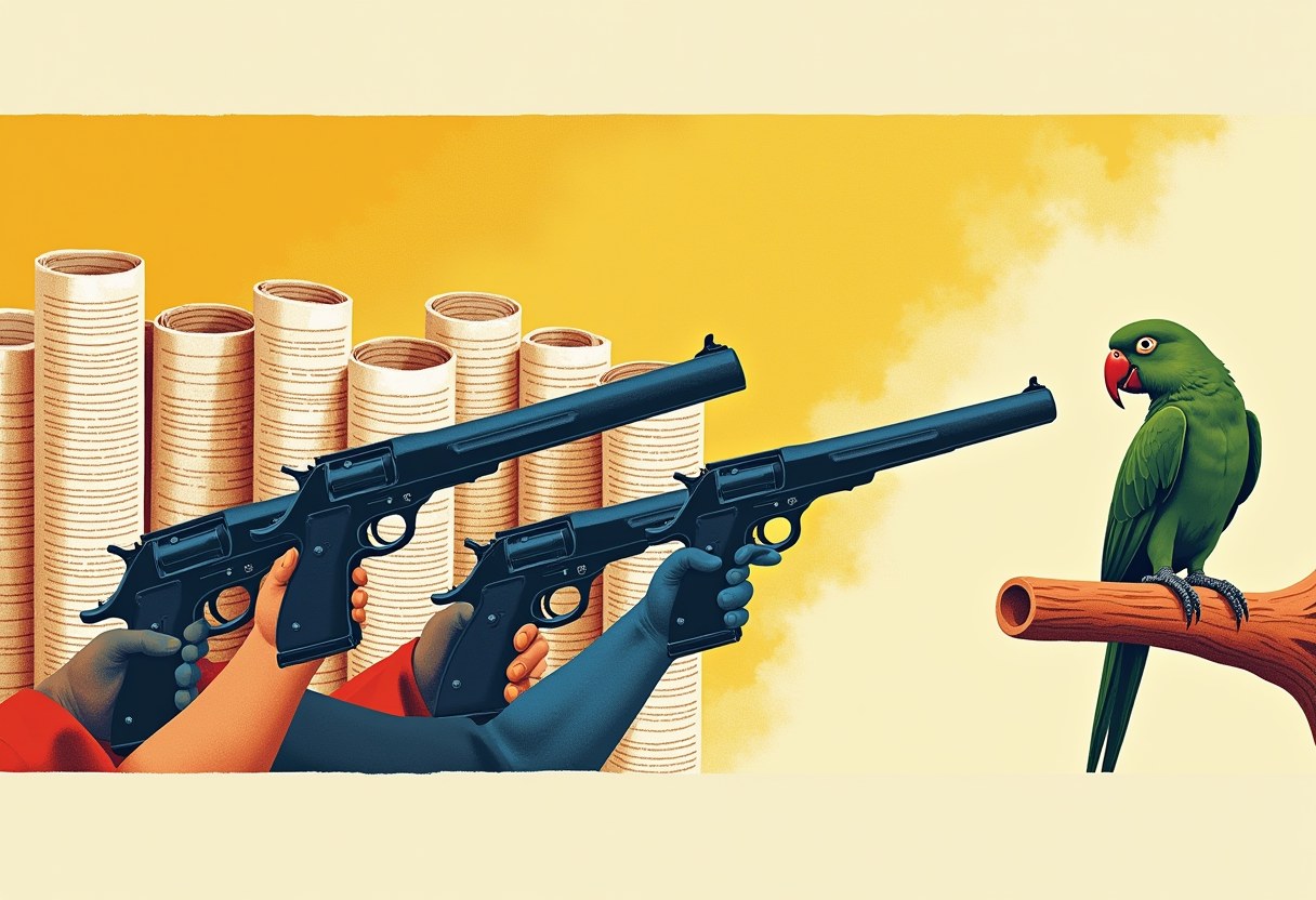 Pistols emerging from rolled newspapers, all trained on a single parrot perched on a stand, staring back.