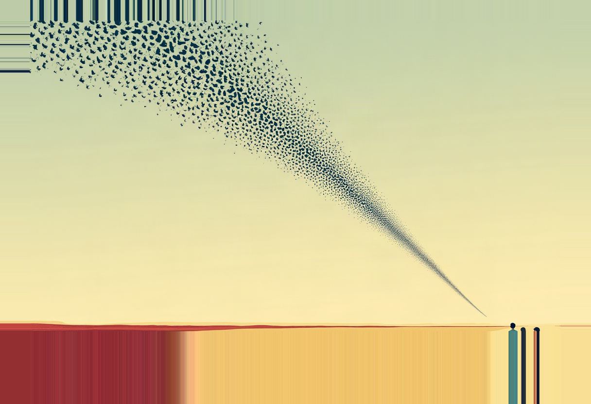 A dark funnel-shaped flock of birds streams diagonally from barcode-like stripes at upper left down to three thin vertical poles on a horizon, over a red-to-yellow gradient landscape.