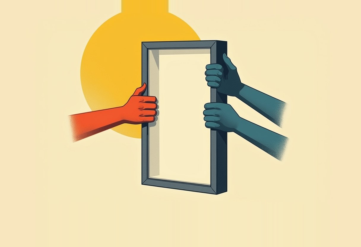 One red arm pulls a dark-framed window frame from the left while two teal arms grip it from the right, a yellow sun circle behind, on a cream background.