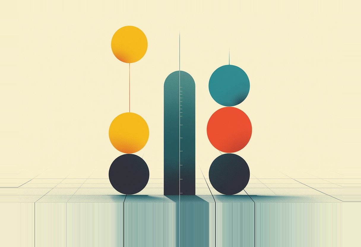Two stacks of three circles flank a tall thermometer-like gauge on a pale yellow background: left stack navy-orange-yellow, right stack navy-red-teal.