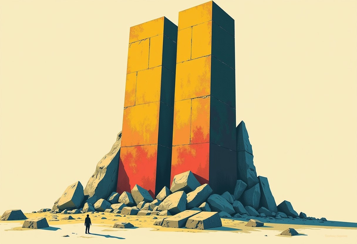 Editorial illustration of a monolithic stone tablet fractured into colliding slabs above a small lone figure