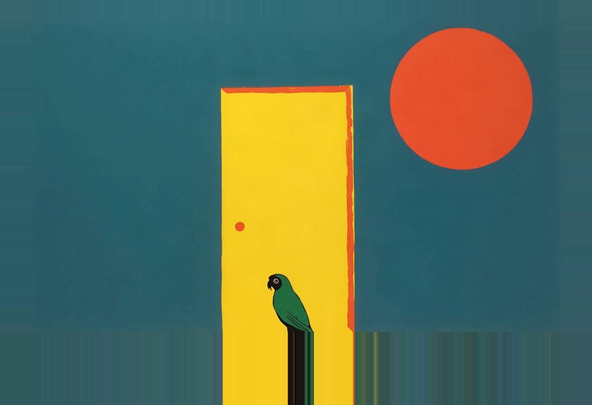 A green parrot perches on a dark post in front of a tall yellow door with an orange outline, set against a teal background with a large orange circle, a small orange dot, and a small orange knob on the door.