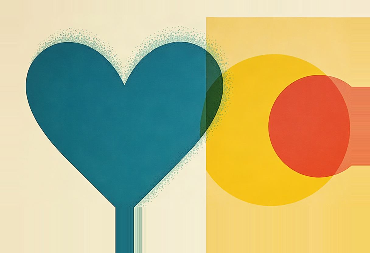 A teal heart with a speckled, dissolving edge on cream, beside overlapping yellow and red circles on a mustard square.