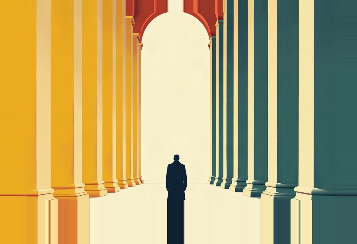 A dark silhouetted figure in a suit stands in a colonnade, yellow columns on the left and teal columns on the right, facing a bright archway with a red-orange arch overhead.