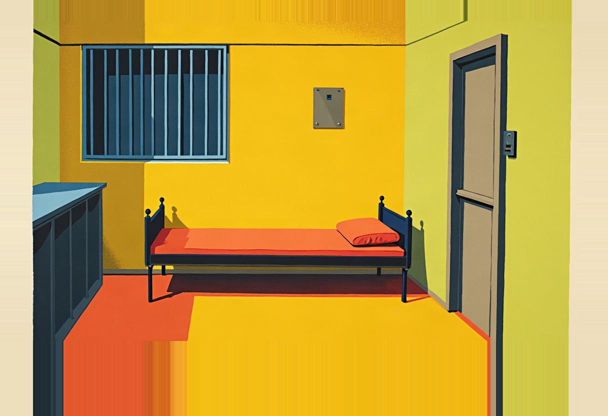 Illustrated jail cell with a single bed with orange bedding, barred window, closed door with keypad lock, small metal counter, and a wall-mounted panel, in yellow and orange tones.