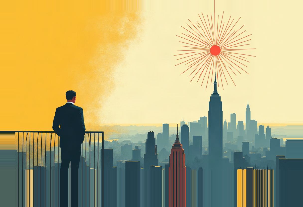 A man in a dark suit stands at a railing looking out over a hazy skyline toward a red sunburst above a tall spire, yellow sky at left.