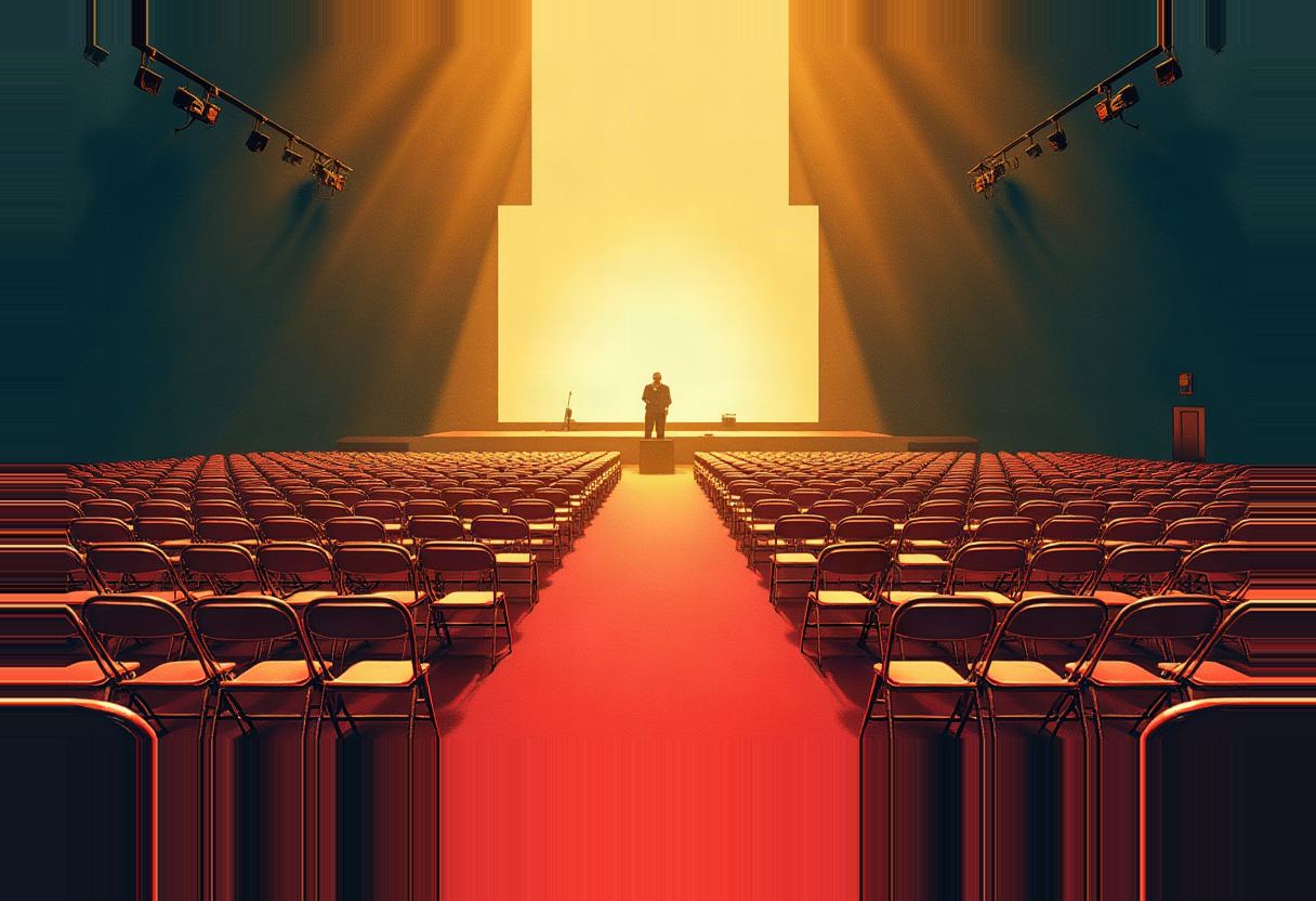 A lone silhouetted figure stands at a podium facing rows of empty folding chairs split by a red center aisle, under a glowing yellow-orange backlit stage panel in a dark teal room.
