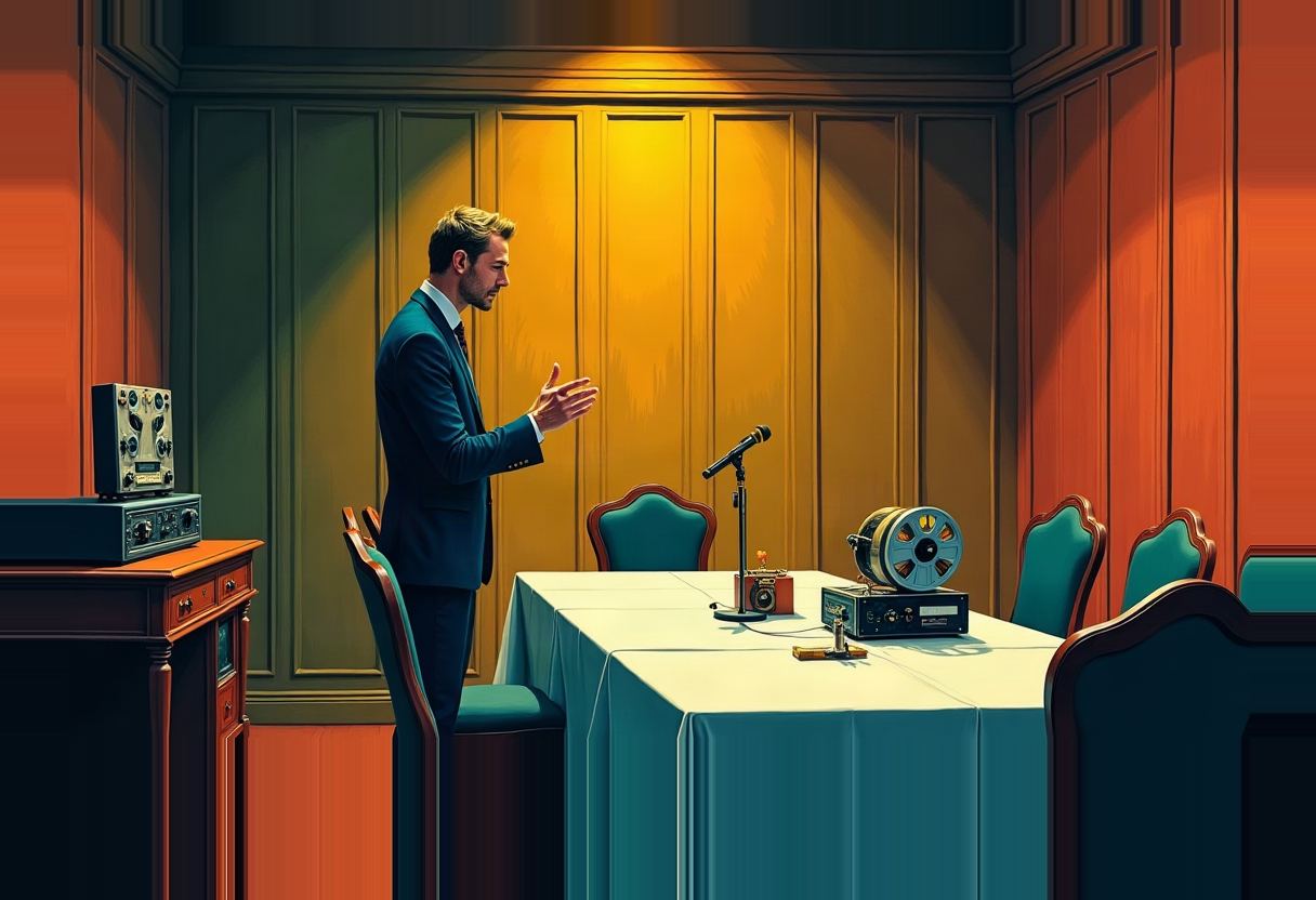 Illustrated man in a dark suit gestures beside a table with reel-to-reel tape recorders and a microphone, in a room with teal chairs and orange-gold panelled walls.