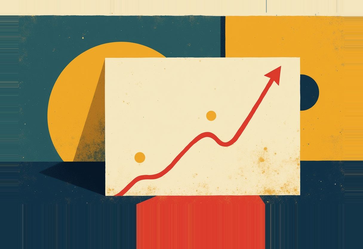 A red arrow rises in wavy peaks across a cream card, set against teal and yellow blocks with a yellow circle and dark semicircle behind it.