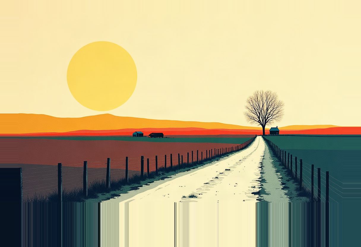A pale dirt road flanked by wooden fence posts leads past a bare tree and small farmhouse toward a large yellow sun over orange-red hills, with barns in the distant field.