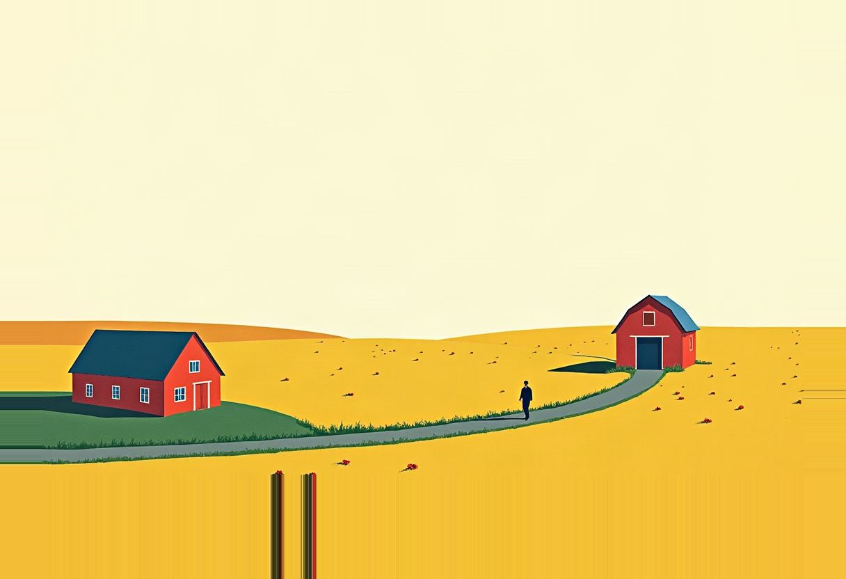 A lone dark-suited figure walks a path through a yellow field between a red house with blue roof on the left and a red barn with blue roof on the right, under a pale sky.