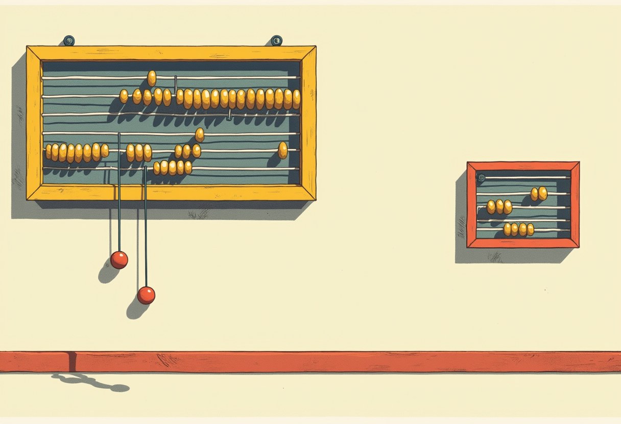 Editorial illustration of a large wall-mounted abacus with unsettled beads and one snapped wire, four of its beads moved across empty wall to a second smaller abacus frame, the two casting shadows that do not align.