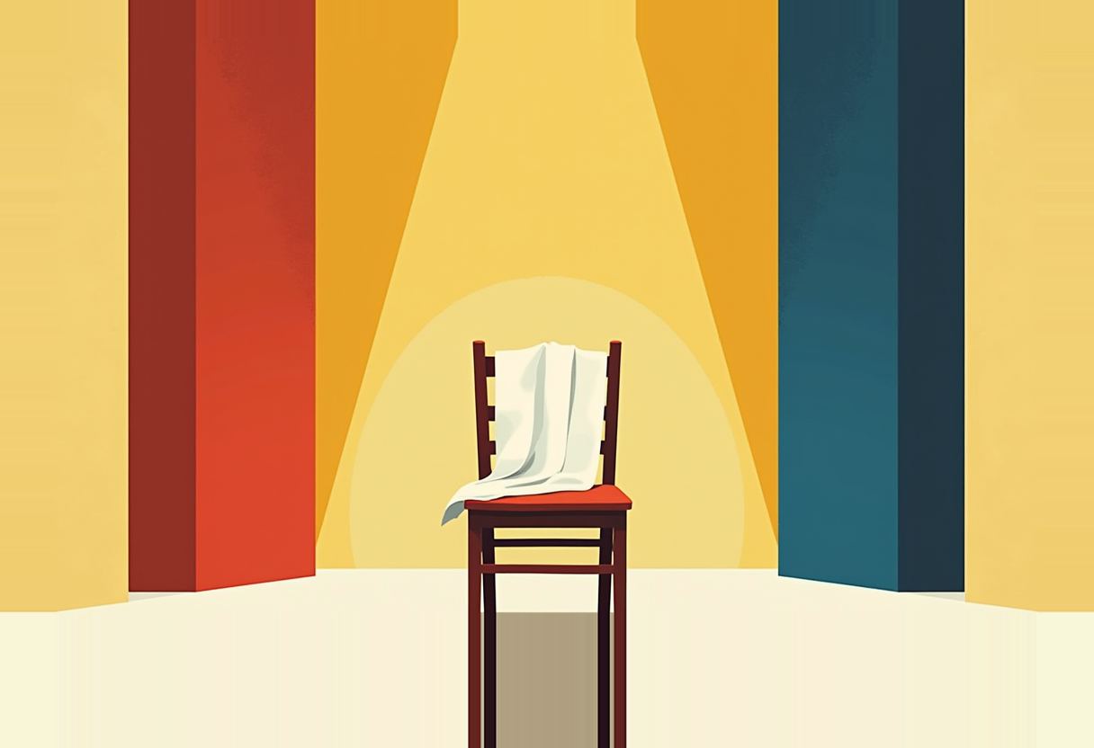 An empty wooden chair with a red seat and white cloth draped over it sits centered under a spotlight, flanked by tall red and teal panels on a yellow background.