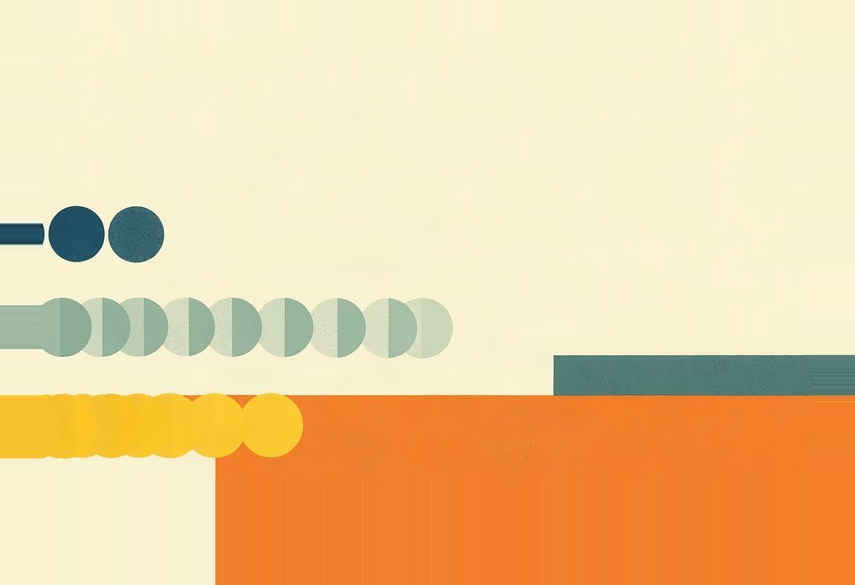 Three horizontal rows of overlapping circles in dark teal, pale sage green, and yellow extend across a cream background above a large orange rectangular block and a smaller teal bar.
