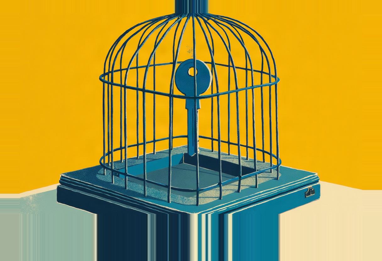 A dark blue birdcage sits atop a closed briefcase, with a large key standing upright inside the cage, against a solid yellow background.