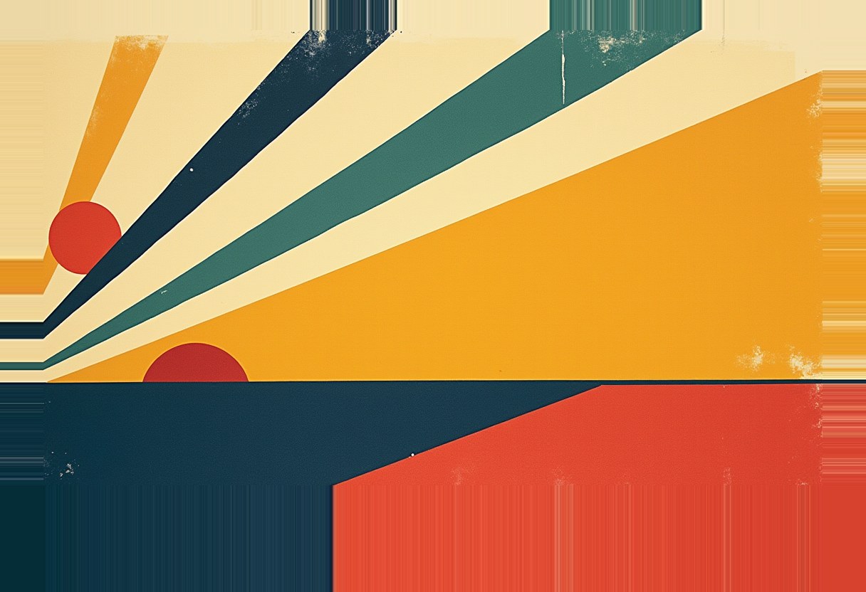 Abstract geometric sunburst with orange, teal, and navy rays, two red circles, and a dark blue horizon over a red block, in a textured retro print style.