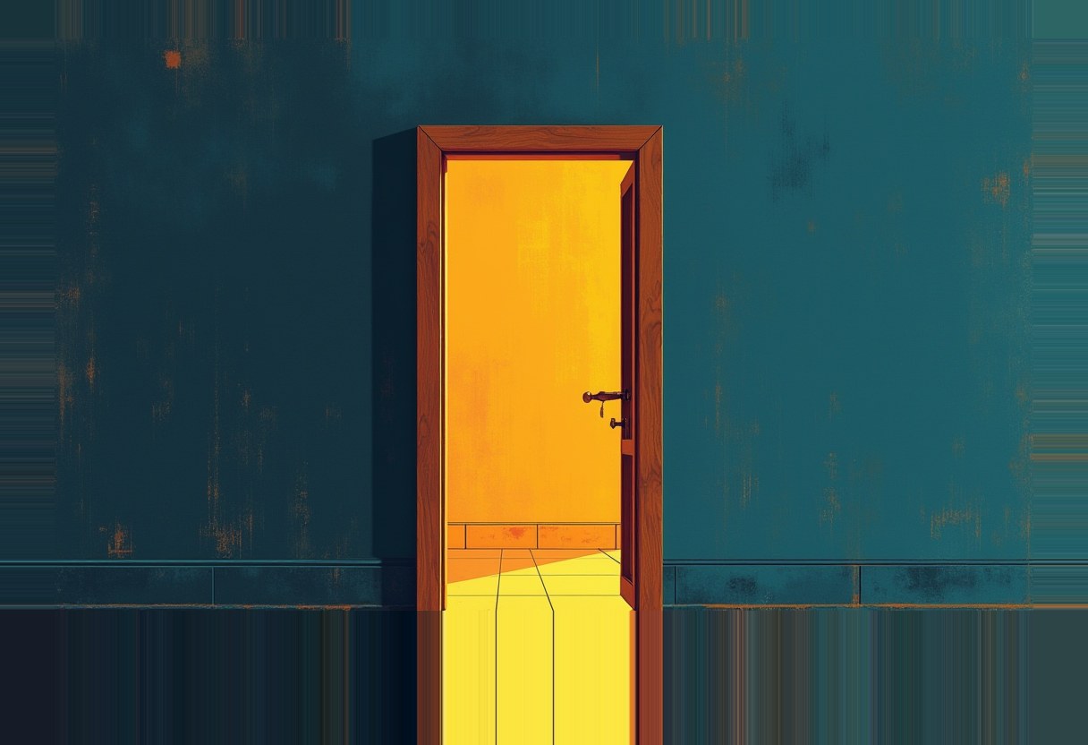 A wood-framed door stands ajar in a dark teal wall, opening onto a bright yellow-orange room with wainscoting and floor lines receding into the light.