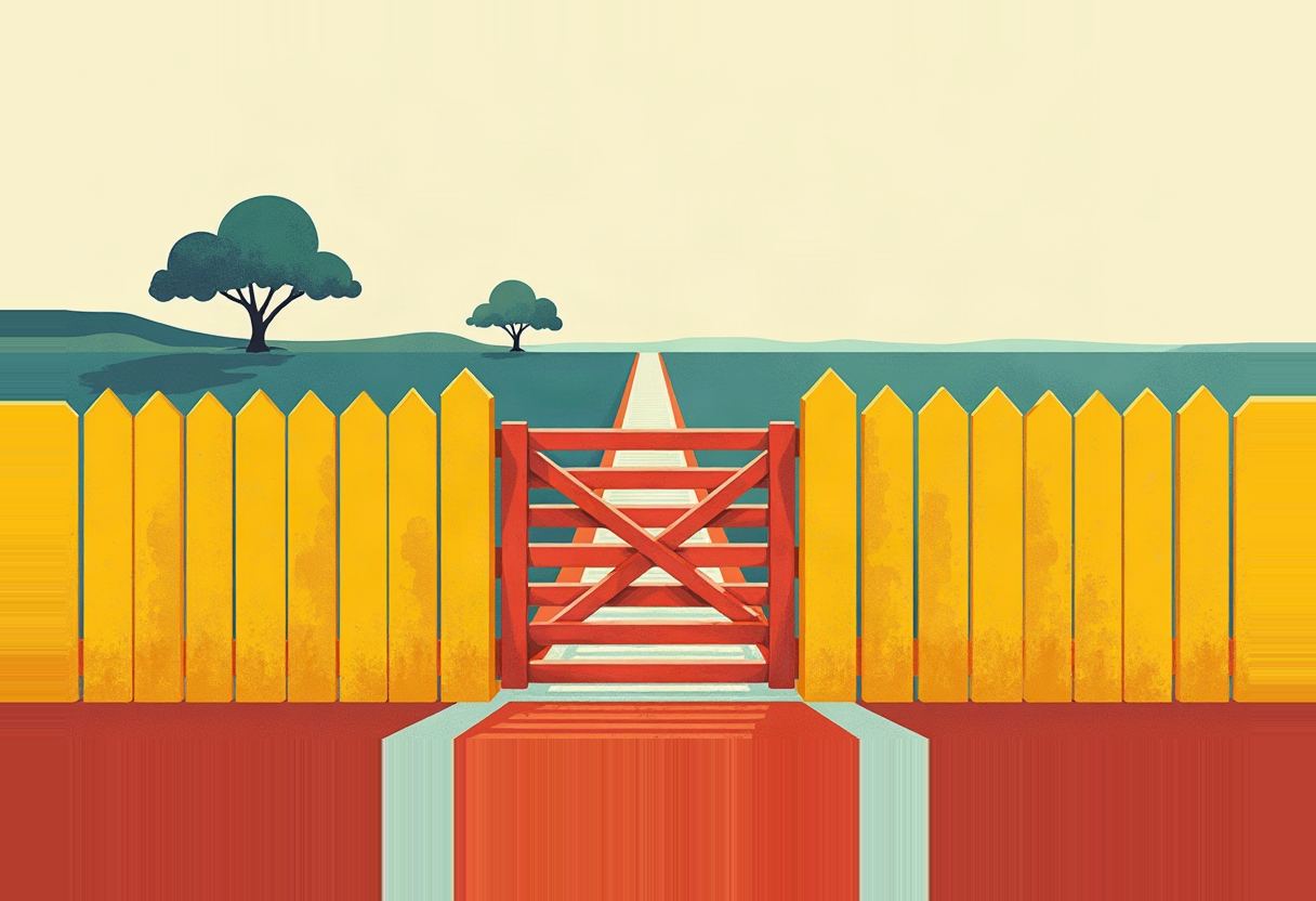 A red X-braced gate stands closed in a row of yellow picket fencing, with a path leading to two trees on a green hill under a pale sky.