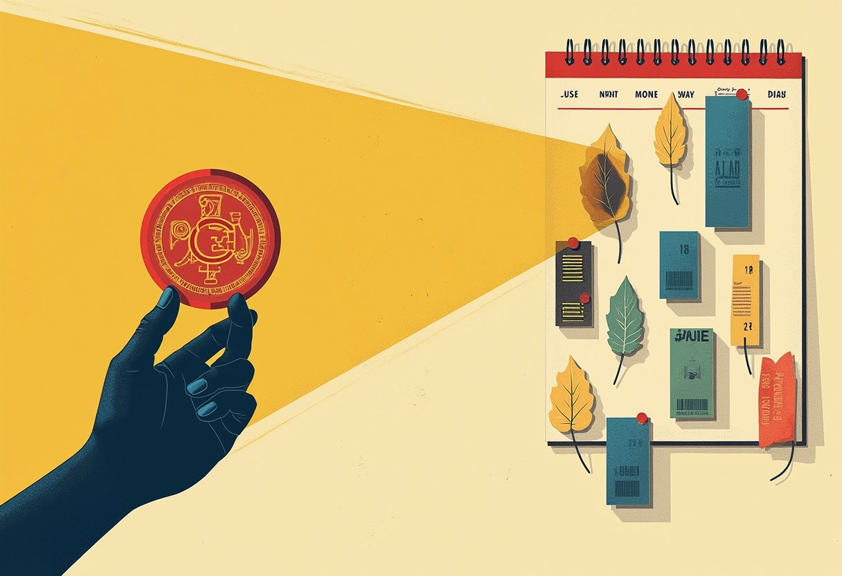 Editorial illustration of one coin casting six differently-shaped shadows beside a calendar with one leaf torn away like a firework and the next lit