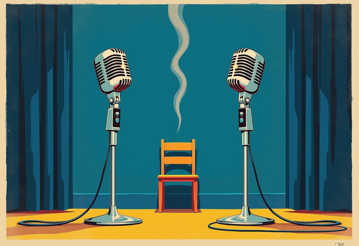 Two identical microphones on stands face each other across a dim blue stage; a single wisp of vapor rises in the gap between them and an empty chair sits under a spotlight between them — one phrase passing unchanged between two speakers, and the seat left open.
