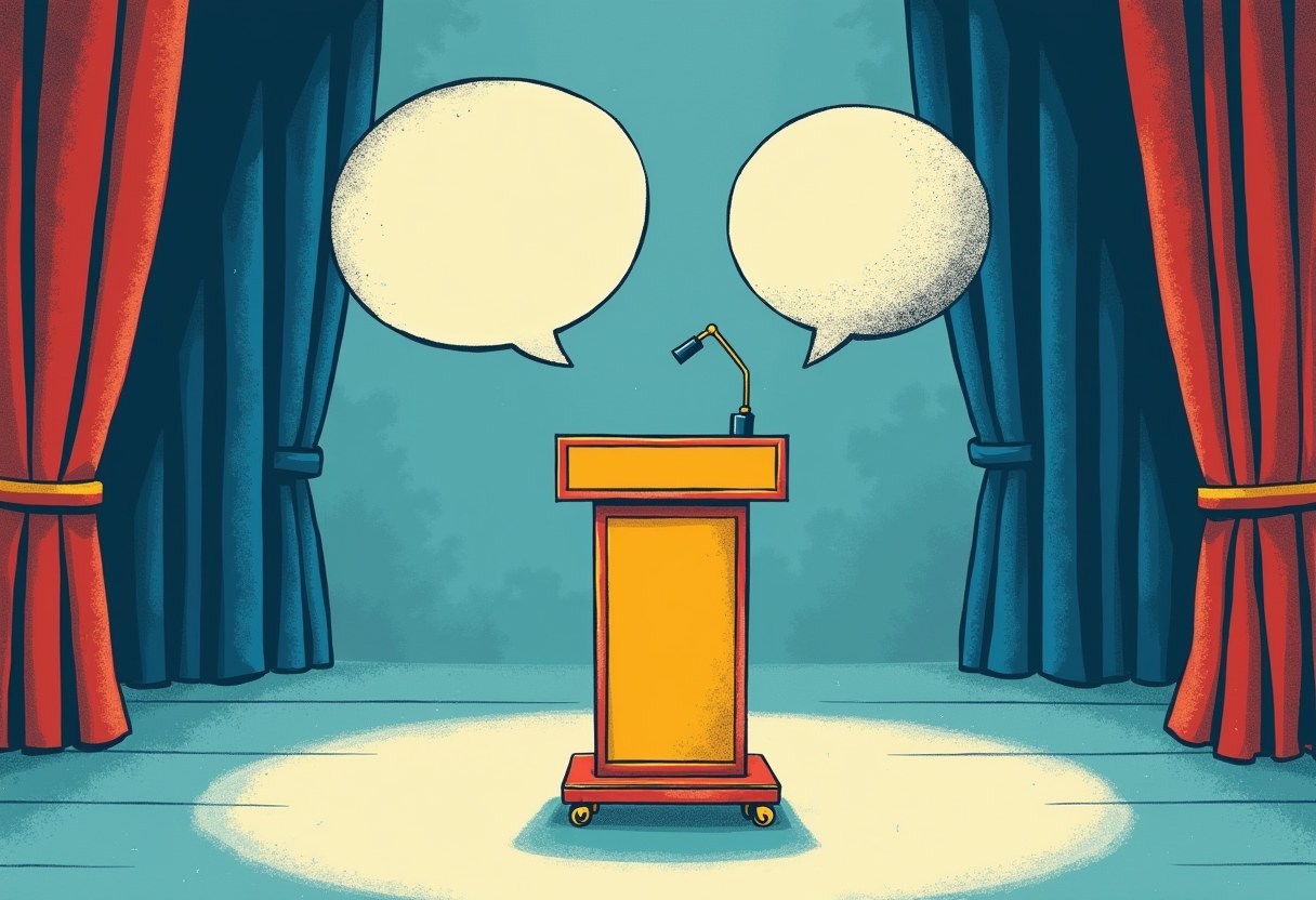 Editorial illustration of an empty campaign lectern frozen mid-exit off a stage, one caster lifted, beneath two identical empty speech bubbles — one crisp, one dissolving into dots — with a spotlight on the empty spot where it stood