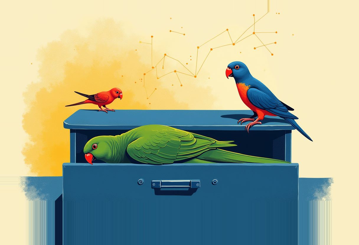 A green parrot lies limp inside an open blue file drawer while a red bird and a blue-and-red parrot perch on the cabinet beside orange constellation lines on a yellow background.