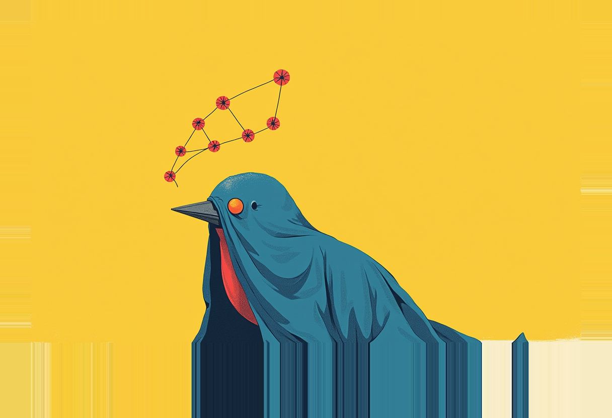 A blue bird with an orange eye and red throat sits below a network diagram of connected red nodes, on a yellow background.