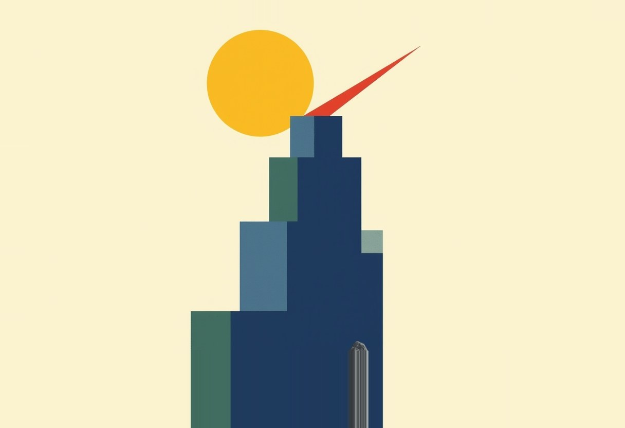 A stepped dark-blue skyscraper with teal and slate-blue accent blocks stands beside a yellow sun and a red spike, on a pale cream background.