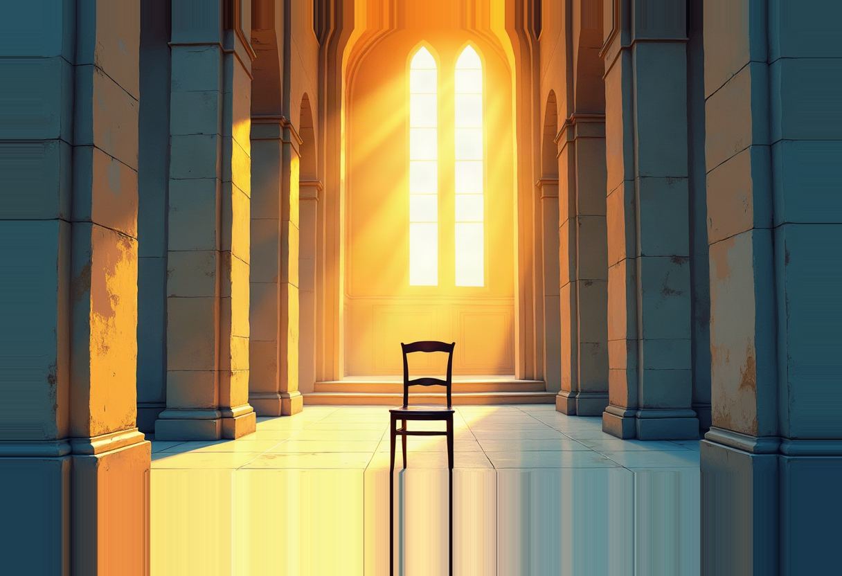 An empty wooden chair sits alone in a stone colonnade, lit by golden sunlight streaming through a tall arched window.