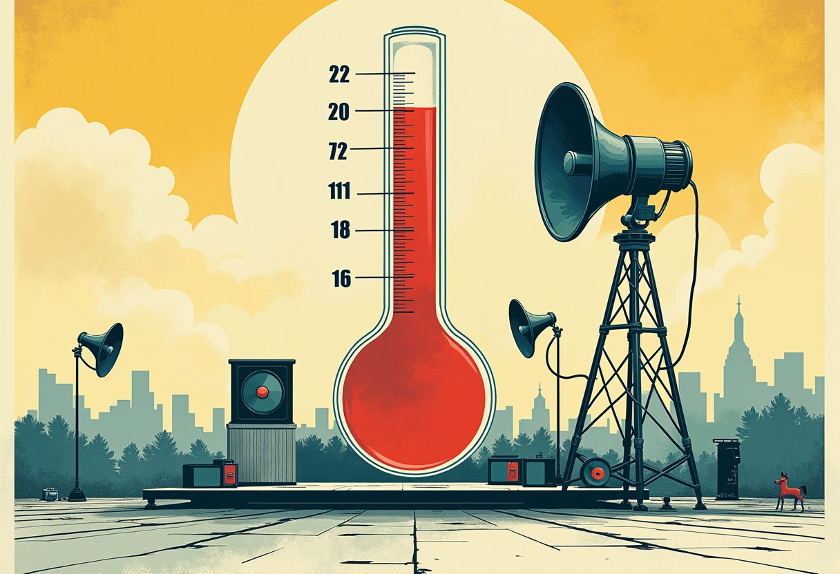 Editorial illustration of a half-struck outdoor stage under a two-reading thermometer, a loudspeaker whose sound-wave is soft on one side and a blunt spike on the other