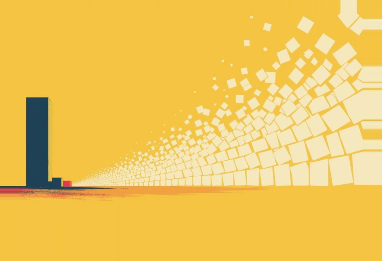 A dark tall rectangular building and a small red block sit at left on a yellow background, with a diagonal stream of small pale squares fanning upward and outward to the right.