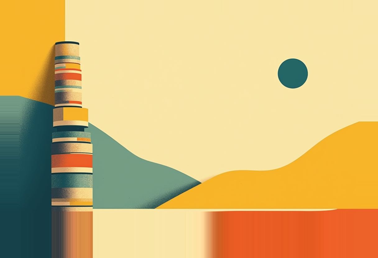 Two stacked cylindrical towers of striped disks in teal, orange, cream and yellow stand before layered teal and yellow hills, a dark teal sun, and an orange horizon band.