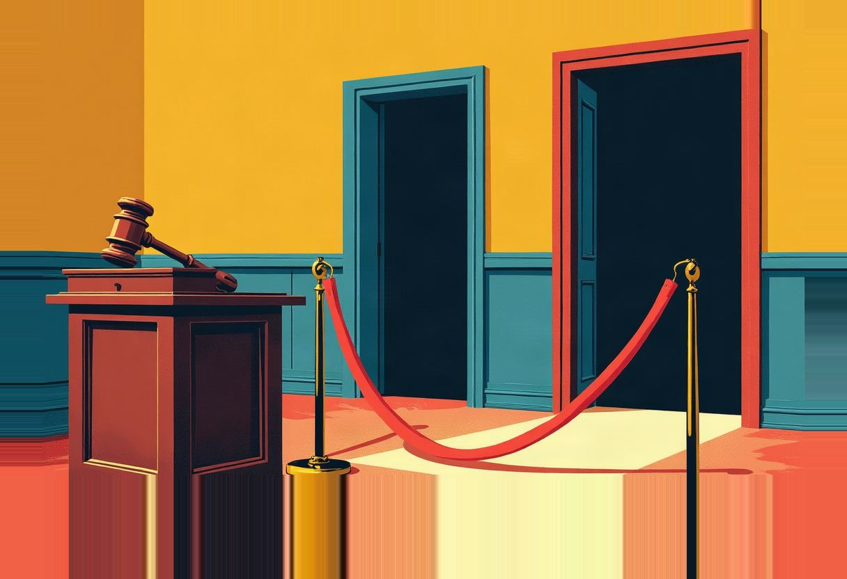 A dark red gavel rests on a wooden podium beside a red velvet rope strung between two brass stanchions, blocking two open doorways against a mustard-yellow wall.
