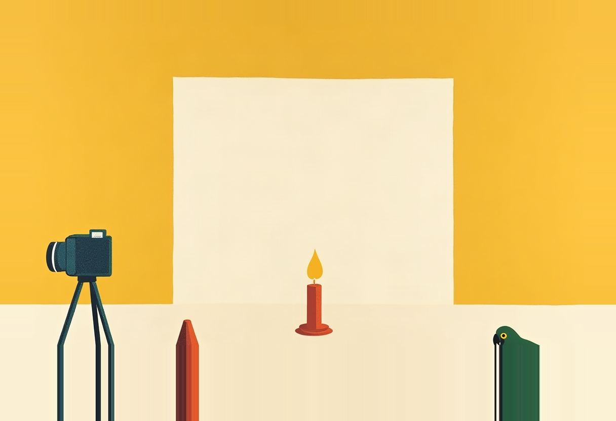 A camera on a tripod, an orange crayon, a lit candle, and a green parrot's head stand in front of a pale square on a mustard-yellow background.