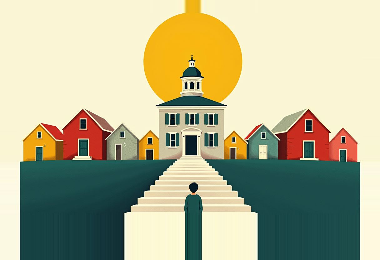 A figure climbs steps toward a domed white building flanked by rows of colorful houses, set against a large yellow sun on cream background.