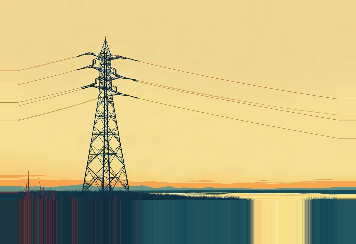 A tall electrical transmission tower with power lines stands in flat grassland beside a body of water, silhouetted against a yellow-orange sunset sky.