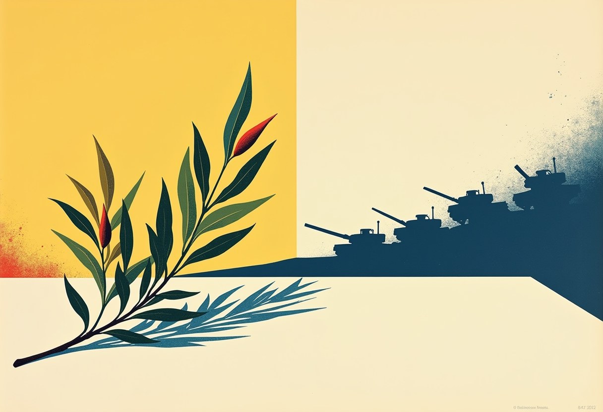 Editorial illustration of an olive branch on a negotiating table casting a shadow shaped like a column of advancing tanks