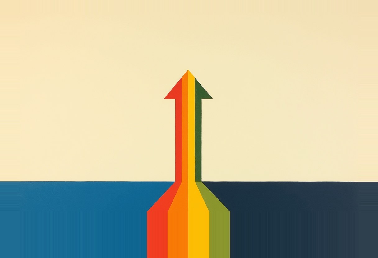 A vertical arrow made of red, orange, yellow, and green stripes rises from a split blue-and-navy horizon into a pale cream sky.