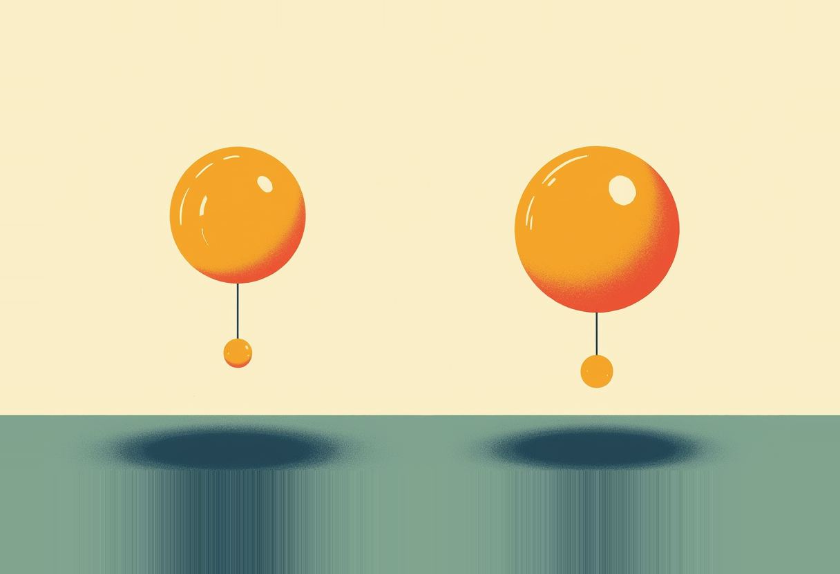Two identical orange spheres float above a green surface, each tethered by a thin line to a smaller orange ball, casting dark shadows below.