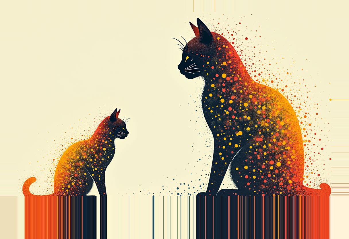Risograph illustration of a small cat outline formed from a dozen glowing coherent qubit dots, beside a larger dissolving copy scattered into static dots