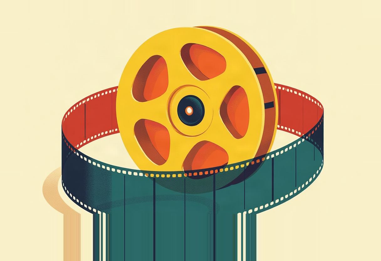A yellow film reel with orange spokes sits inside a looping filmstrip band, red on top and teal below, against a cream background.