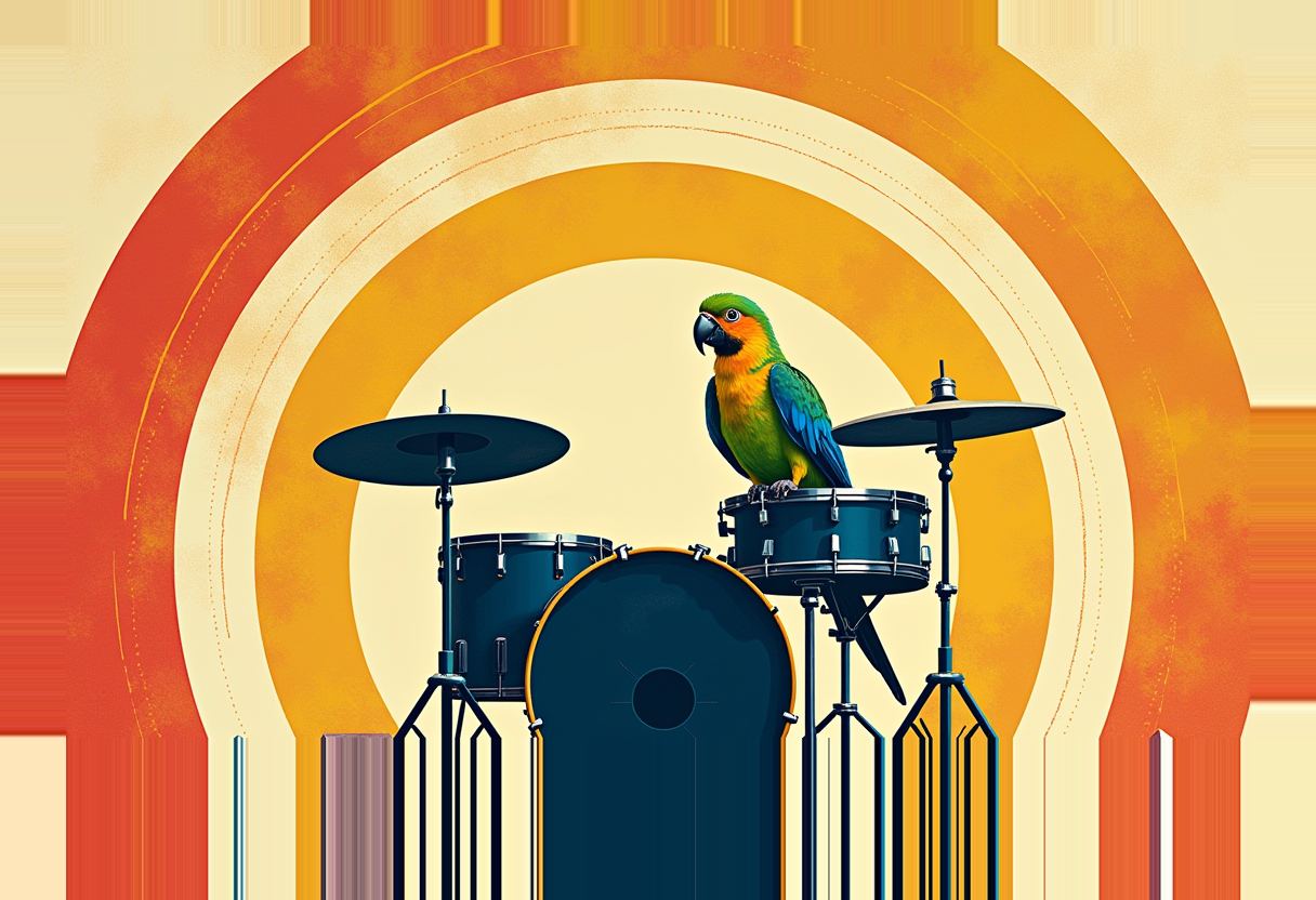 A green, orange, and blue parrot perches on a snare drum within a dark drum kit, set against concentric orange and cream arcs.