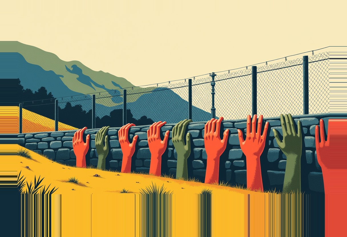 A stone wall on a hillside, several hands pressed flat against it from the outside, a wire fence behind with a gap torn in it; flat risograph, no text