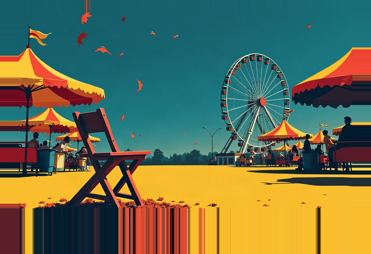 Illustrated fairground scene with a Ferris wheel, striped red-and-yellow vendor tents, an empty folding chair in foreground, scattered autumn leaves, and a glitchy vertical-streak effect across the lower edge.