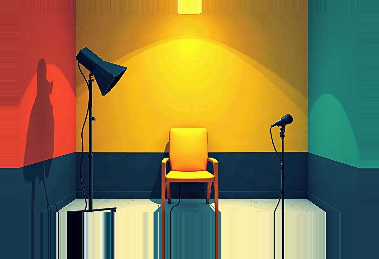 An empty yellow chair spotlit against a yellow wall, flanked by a floor lamp and a microphone stand, red and teal walls on either side.